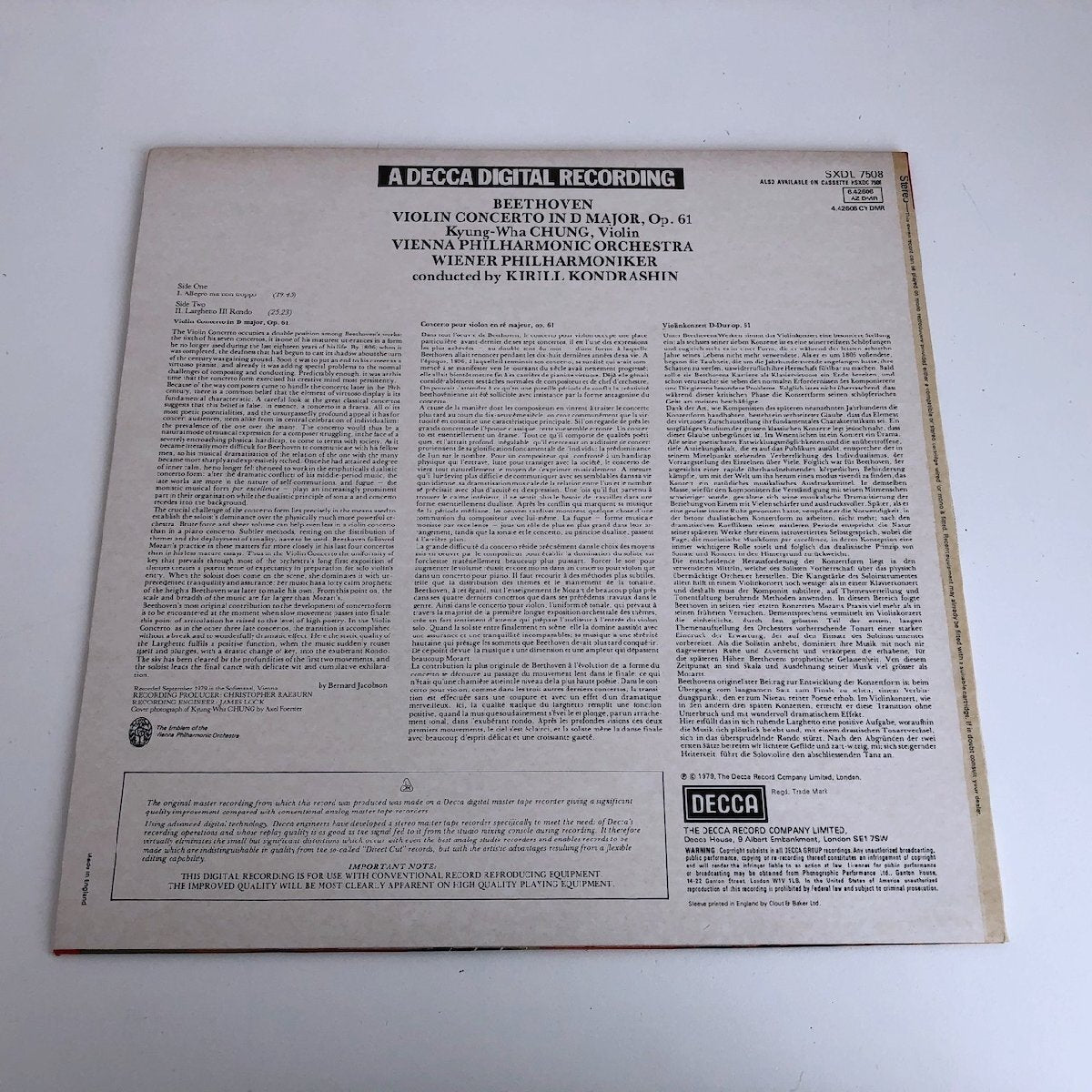 LP/ チョン・キョンファ、キリル・コンドラシン / ベートーヴェン:ヴァイオリン協奏曲 / UK盤 稀少UK DIGITAL CS DECCA SXDL7508