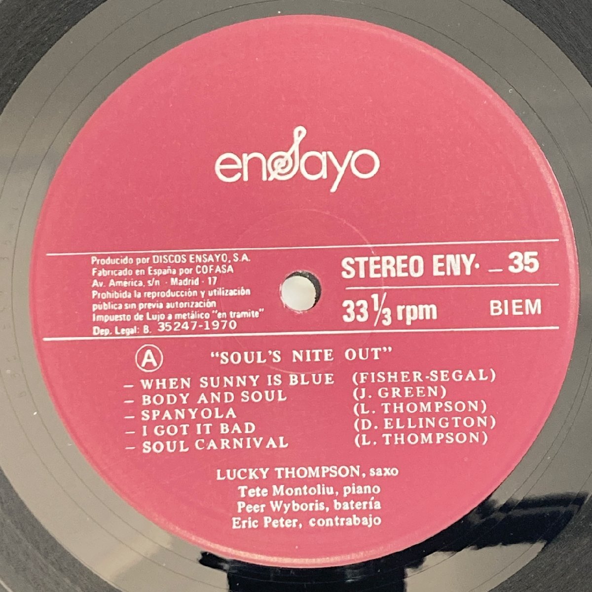 LP/ LUCKY THOMPSON / SOUL'S NITE OUT / スペイン盤 オリジナル ENSAYO ENY-35