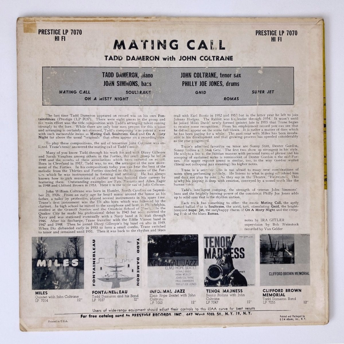 LP/ TADD DAMERON / MATING CALL / US盤 オリジナル NYCラベル DG RVG コーティング PRESTIGE PRLP7070
