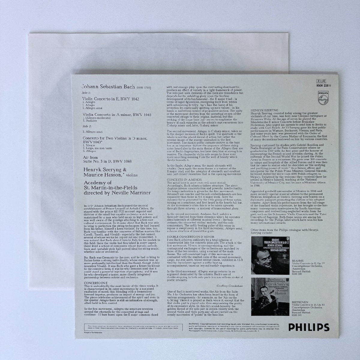 LP/ ヘンリク・シェリング、ネヴィル・マリナー / J.S.バッハ:ヴァイオリン協奏曲集 / オランダ盤 コーティングJK PHILIPS 9500226