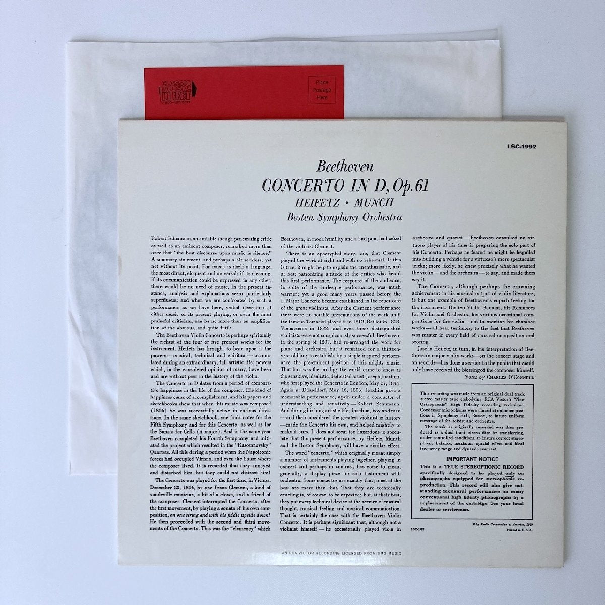 LP/ ハイフェッツ、ミュンシュ / ベートーヴェン:ヴァイオリン協奏曲 / US盤 重量盤 CLASSIC RECORDS RCA VICTOR