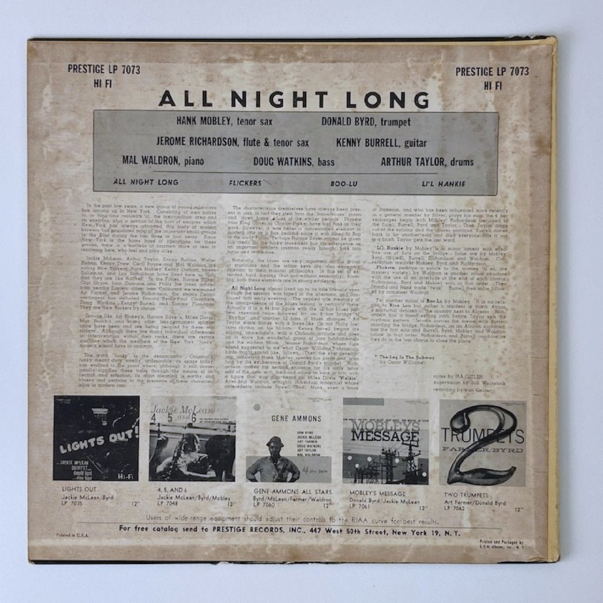 LP/ PRESTIGE ALL STARS / ALL NIGHT LONG / US盤 US盤 オリジナル NYCラベル DG RVG コーティング PRESTIGE PRLP7073