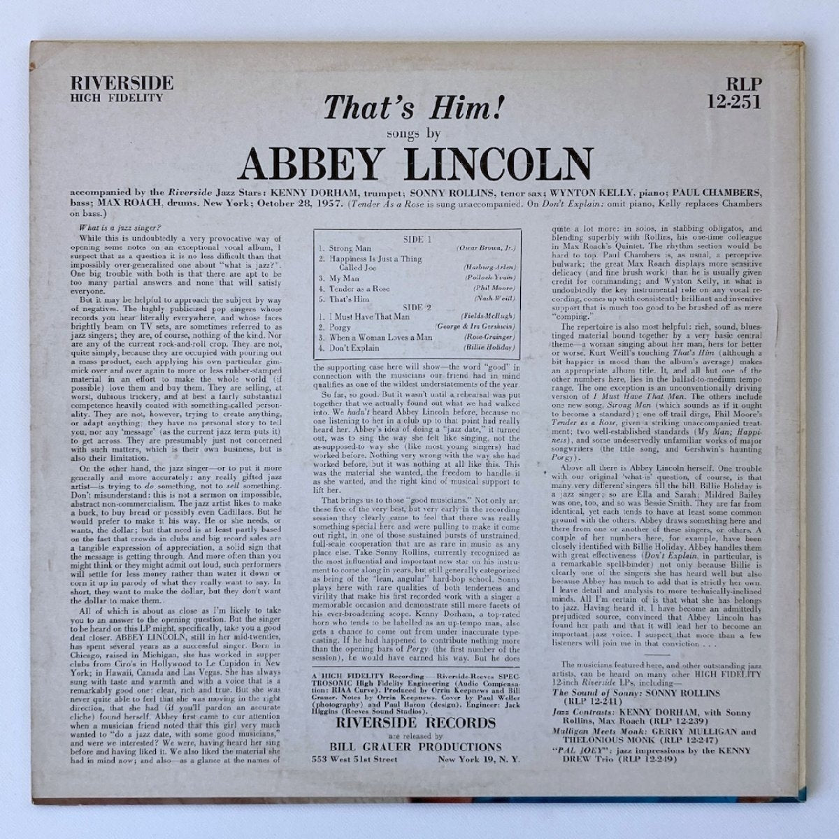 LP/ ABBEY LINCOLN / THAT'S HIM! / アビー・リンカーン / US盤 オリジナル 青大ラベル DG 553W RIVERSIDE RLP12-251