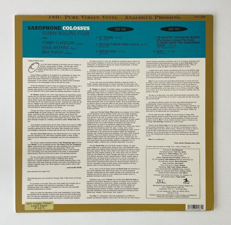 LP/ SONNY ROLLINS / SAXOPHONE COLOSSUS / ソニー・ロリンズ / US盤 180g 重量盤 DCC COMPACT CLASSICS LPZ-2008
