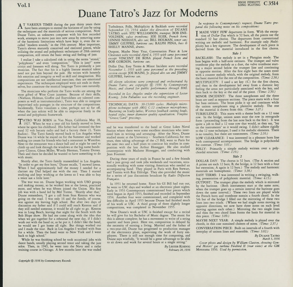 LP/ DUANE TATRO / DUANE TATRO'S JAZZ FOR MODERNS / US盤/直輸入/WAVE JAZZ CLASSICS/COMTEMPORARY/ライナー付き