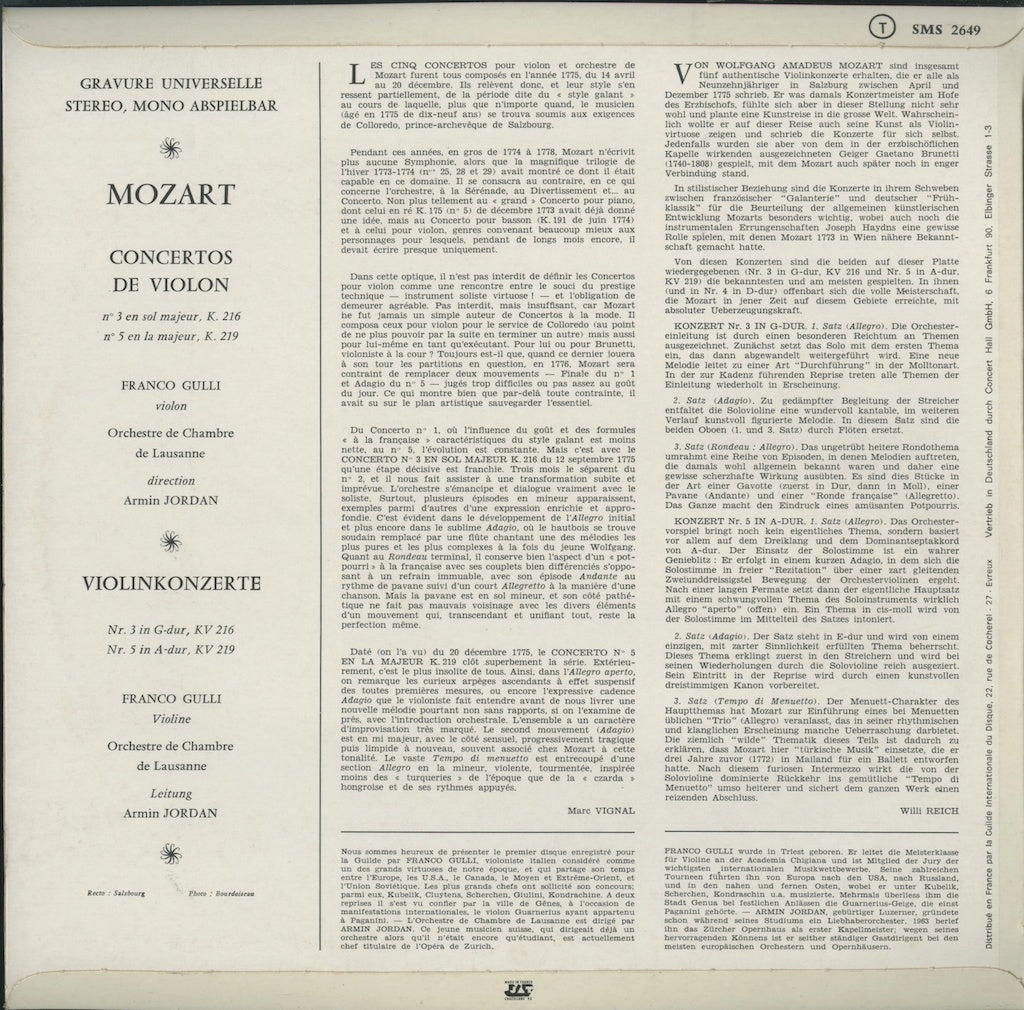 フランコ・グッリ / モーツァルト：ヴァイオリン協奏曲第3番、第5番 / フランス盤/CONCERT HALL/フリップバック・コーティング仕様
