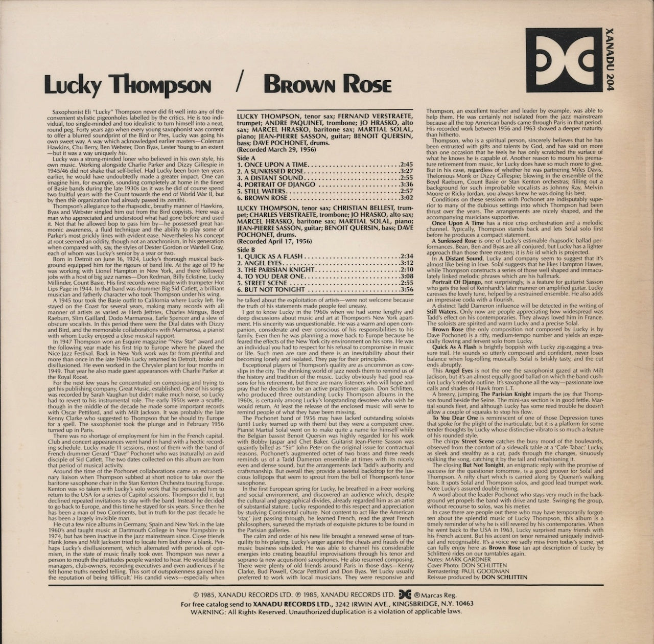 LP/ LUCKY THOMPSON / BROWN ROSE / US盤/XANADU