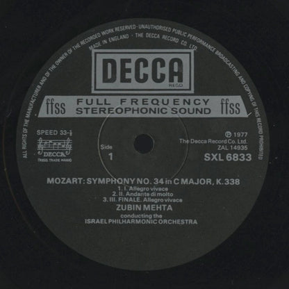 ズービン・メータ / モーツァルト：交響曲第34番、第39番 / UK盤/DECCA/ED4/コーティングJK/CS付き