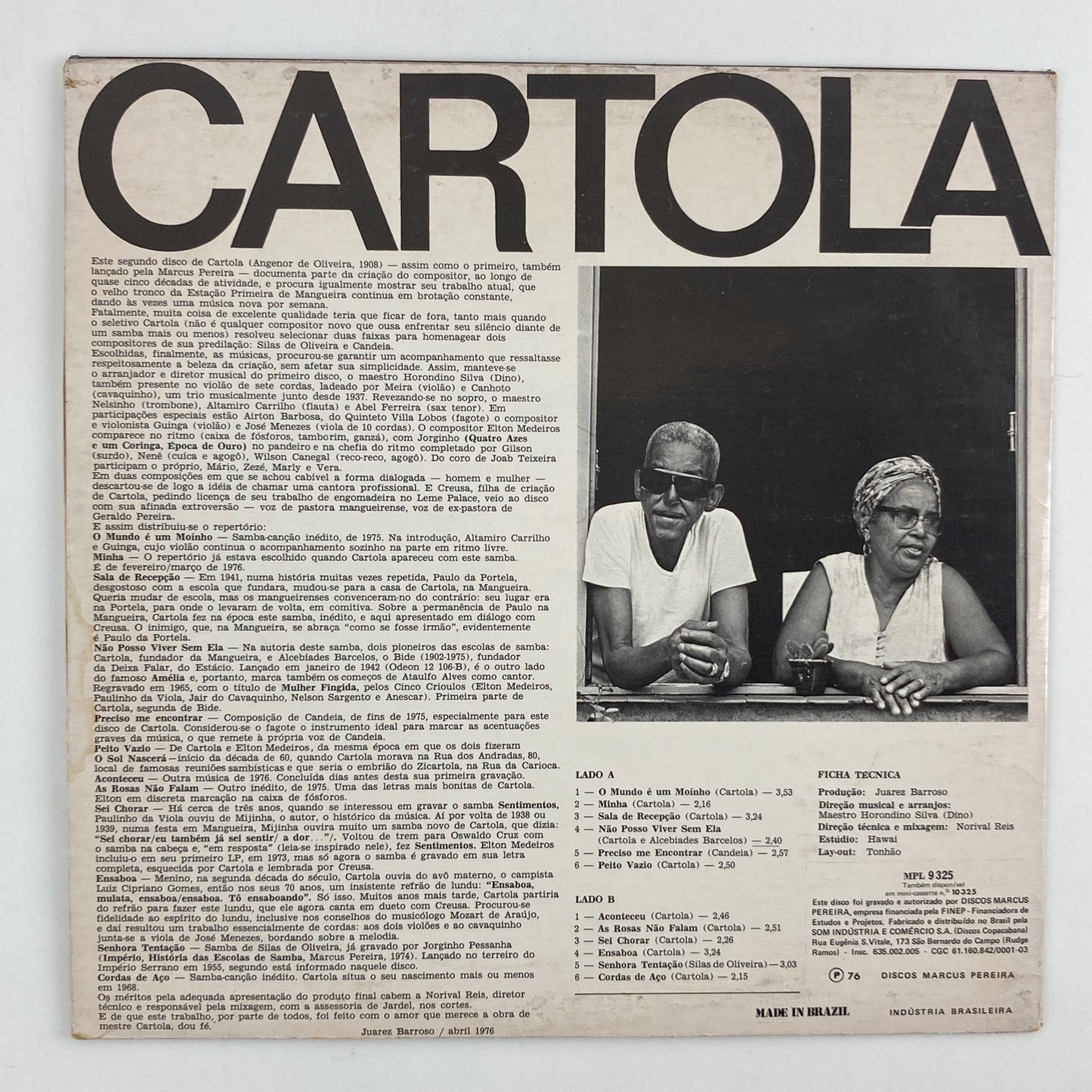 LP/ CARTOLA / CARTOLA / カルトーラ / ブラジル盤 オリジナル、コーティングJK CS DISCOS MARCUS PEREIRA