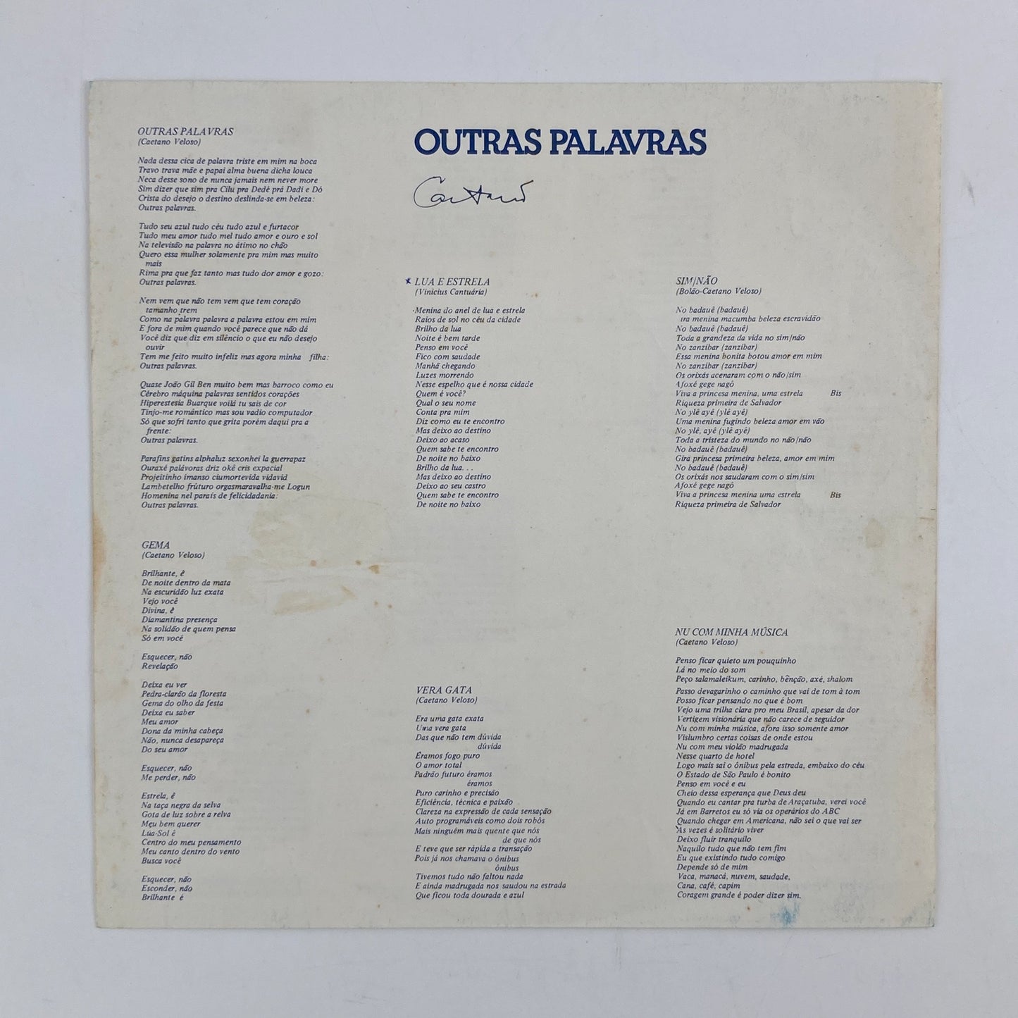 LP/ CAETANO VELOSO / OUTRAS PALAVRAS / カエターノ・ヴェローゾ / ブラジル盤 オリジナル インナー・ライナー PHILIPS
