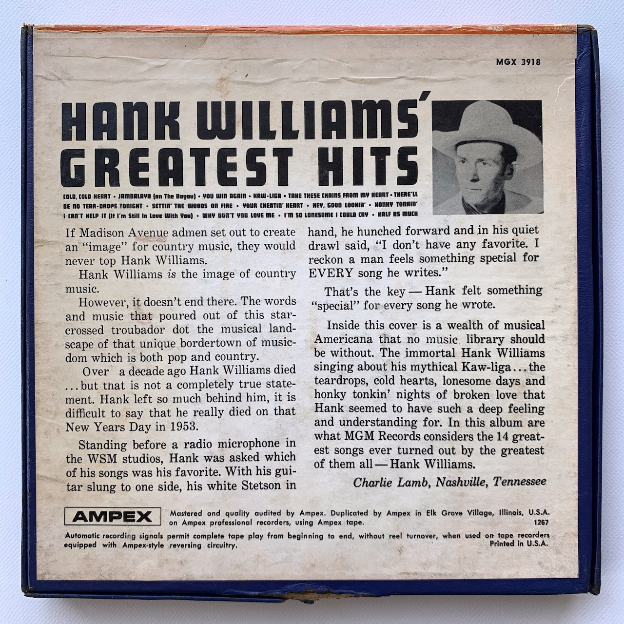 オープンリール/ HANK WILLIAMS / GREATEST HITS / US盤 7号 4トラック 9.5cm/s (3 3/4IPS) AMPEX MGX3918