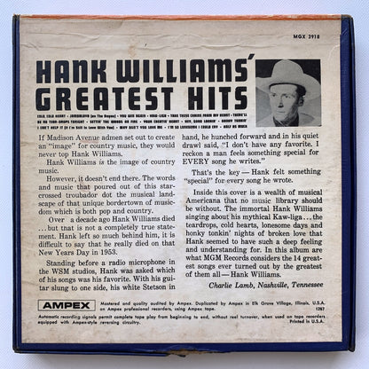 オープンリール/ HANK WILLIAMS / GREATEST HITS / US盤 7号 4トラック 9.5cm/s (3 3/4IPS) AMPEX MGX3918