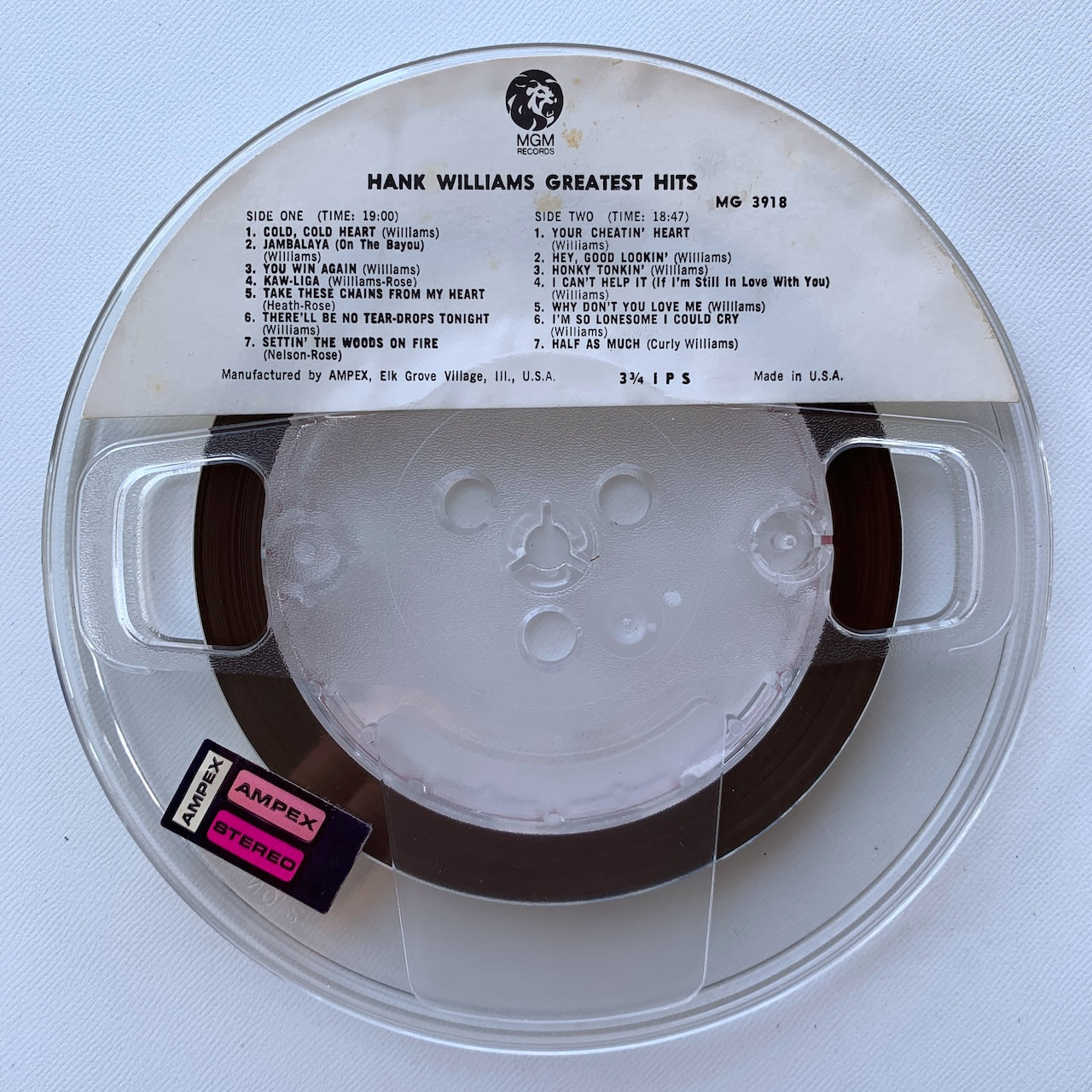 オープンリール/ HANK WILLIAMS / GREATEST HITS / US盤 7号 4トラック 9.5cm/s (3 3/4IPS) AMPEX MGX3918