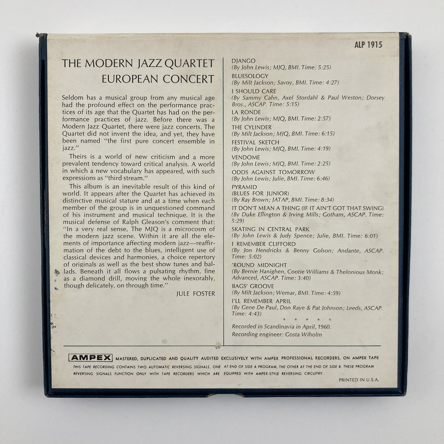 オープンリールテープ/ THE MODERN JAZZ QUARTET / EUROPEAN CONCERT /  7号 19cm/s (7 1/2IPS) 4トラック US製 ライナー ATLANTIC