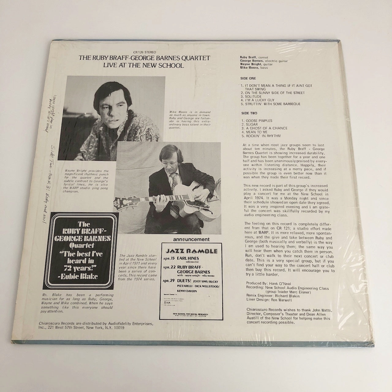 LP/ THE RUBY  BRAFF-GEORGE BARNES QUARTET / LIVE AT THE NEW SCHOOL / US盤 CHIAROSCURO  CR126