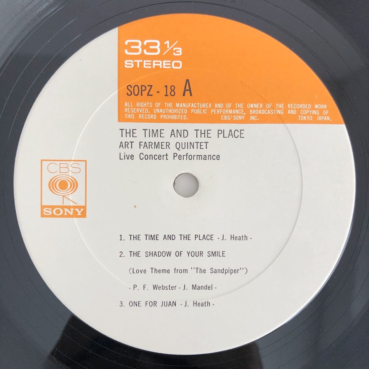 LP/ ART FARMER QUINTET / THE TIME AND THE PLACE / 国内盤  ライナー付き CBS SONY SOPZ18