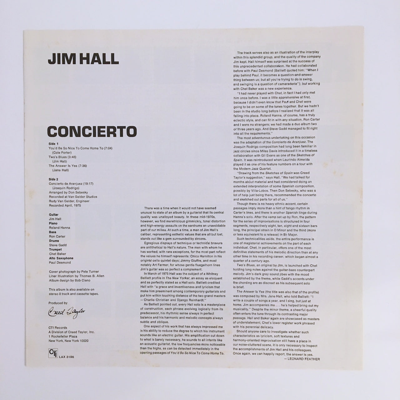 LP/ JIM HALL / CONCIERTO / 国内盤 ライナー(うすシミ) CTI RECORDS LAX-3186