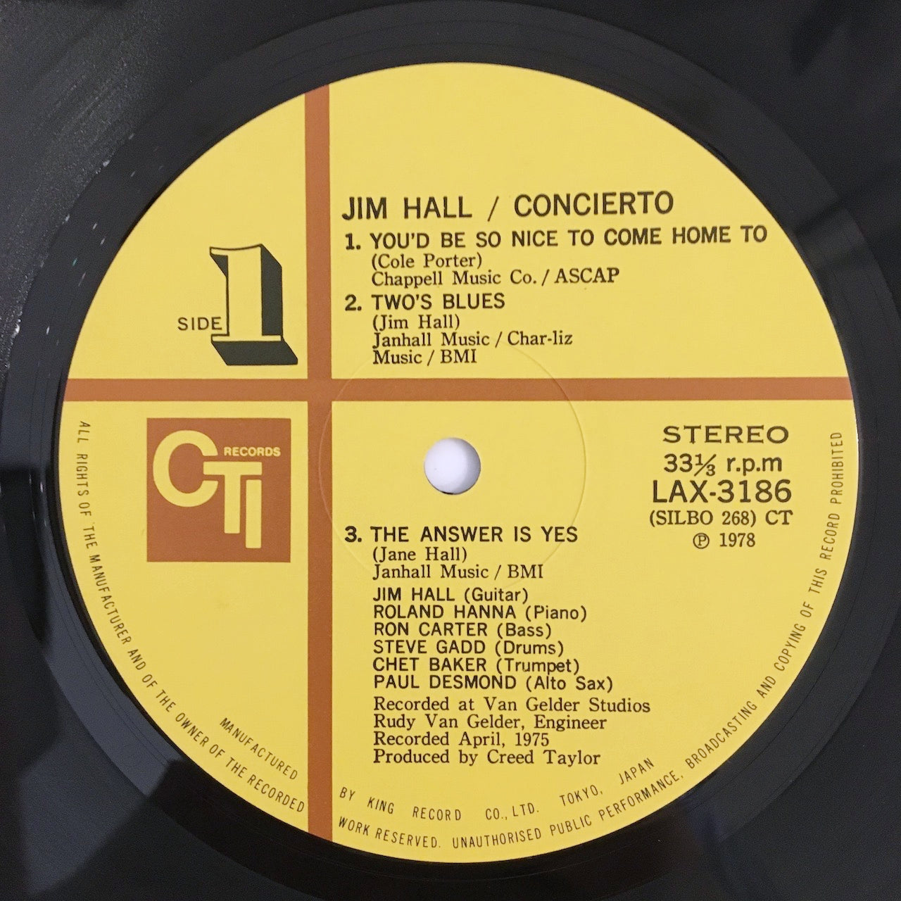 LP/ JIM HALL / CONCIERTO / 国内盤 ライナー(うすシミ) CTI RECORDS LAX-3186