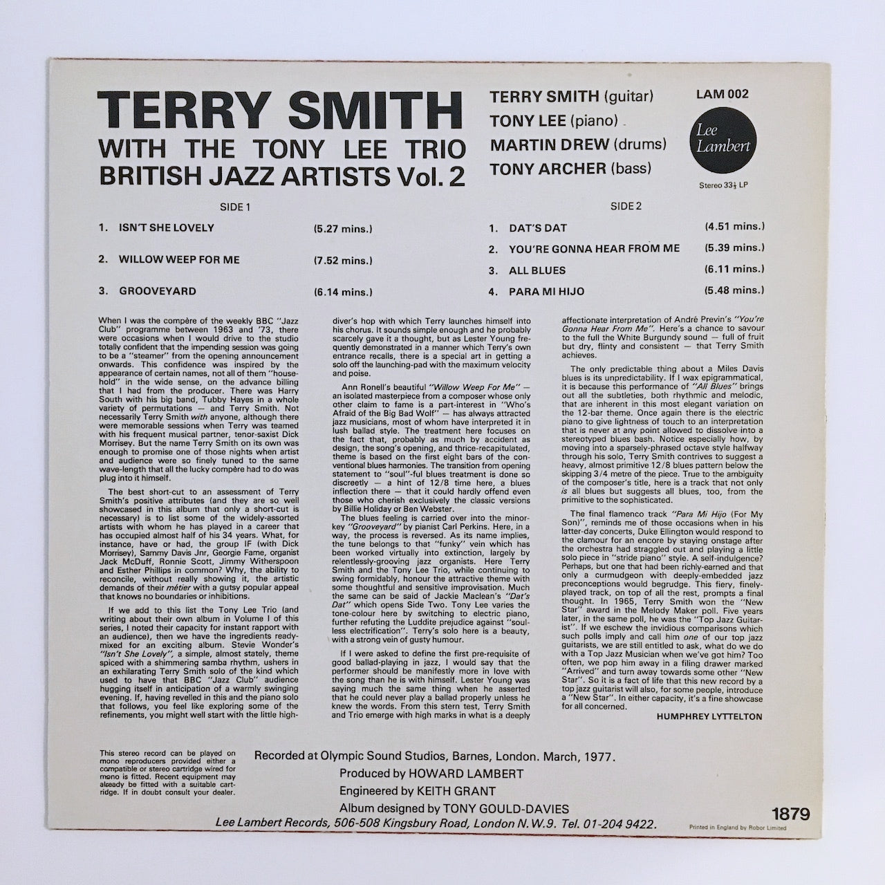 LP/ TERRY SMITH / BRITISH JAZZ ARTISTS VOL.2 / UK盤 オリジナル Lee Lambert LAM002