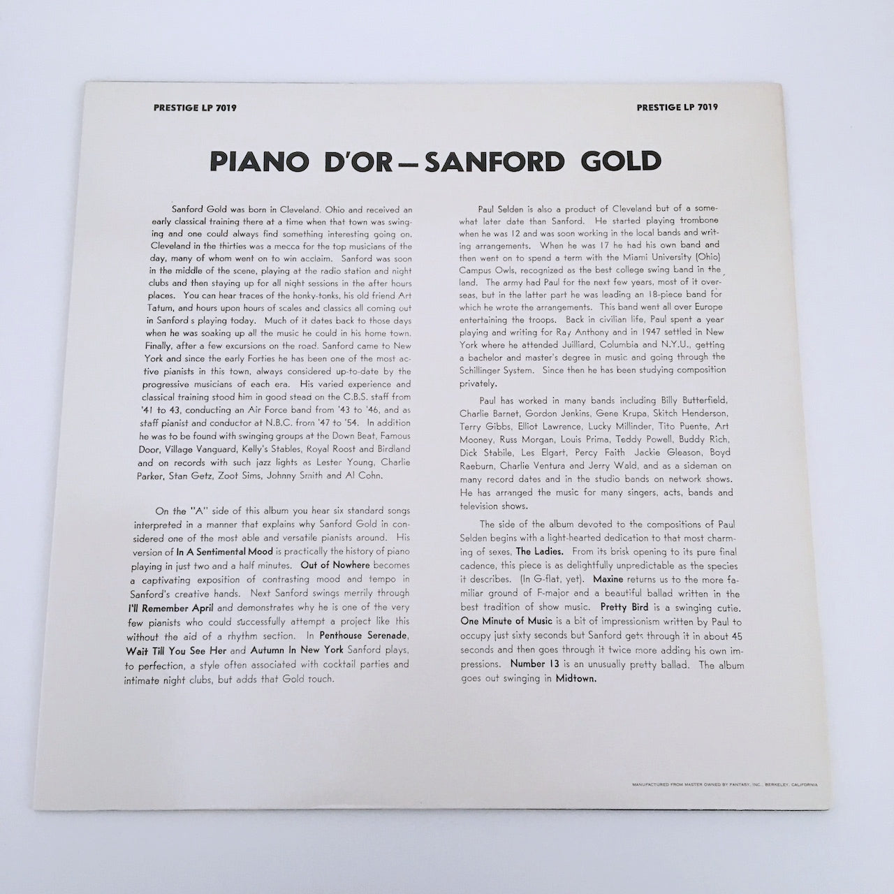 LP/ SANFORD GOLD / PIANO D'OR / US盤 直輸入 ライナー付き PRESTIGE WWLJ-7055