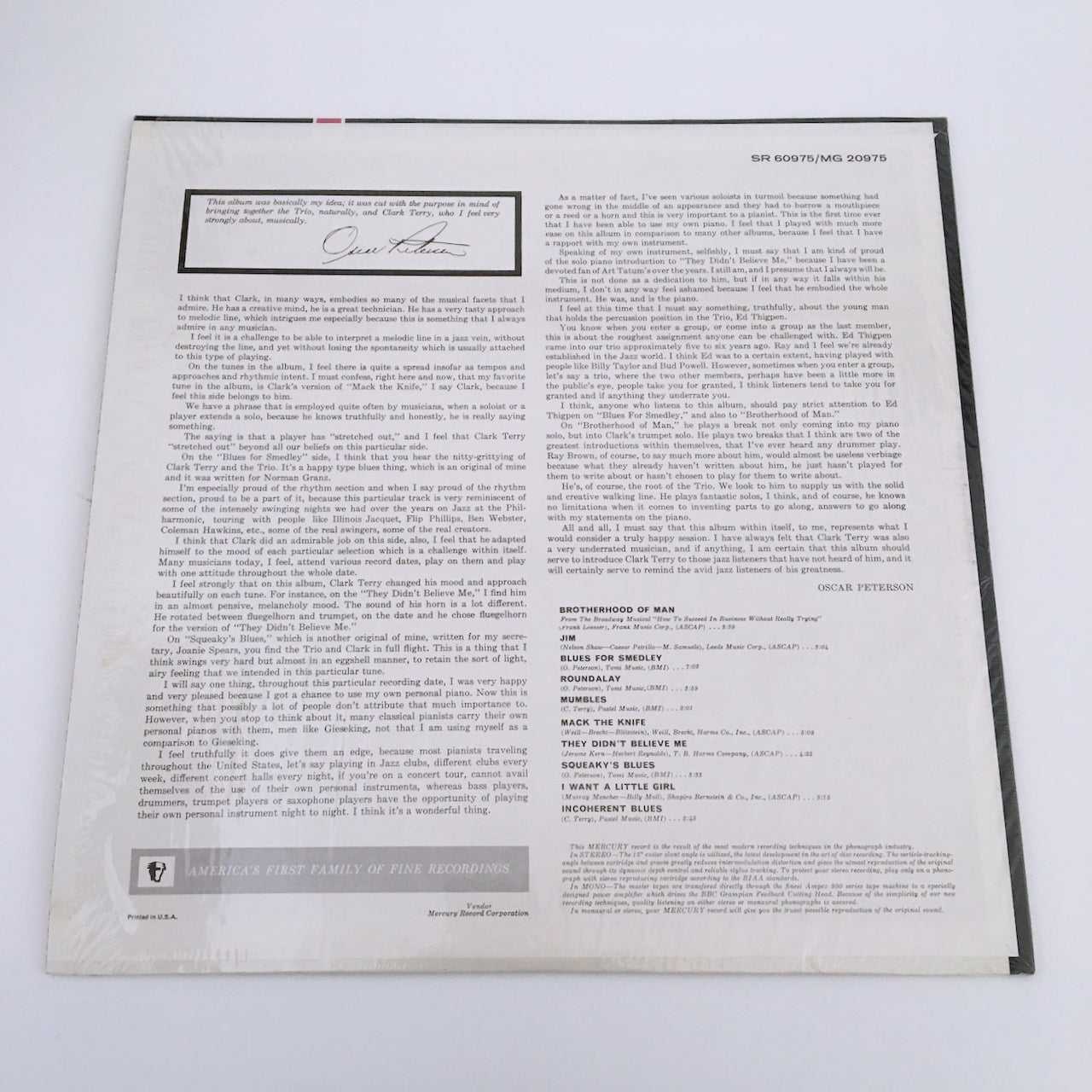 LP/ OSCAR PETERSON CLARK TERRY / OSCAR PETERSON TRIO + ONE / 直輸入 US盤  MERCURY SR60975
