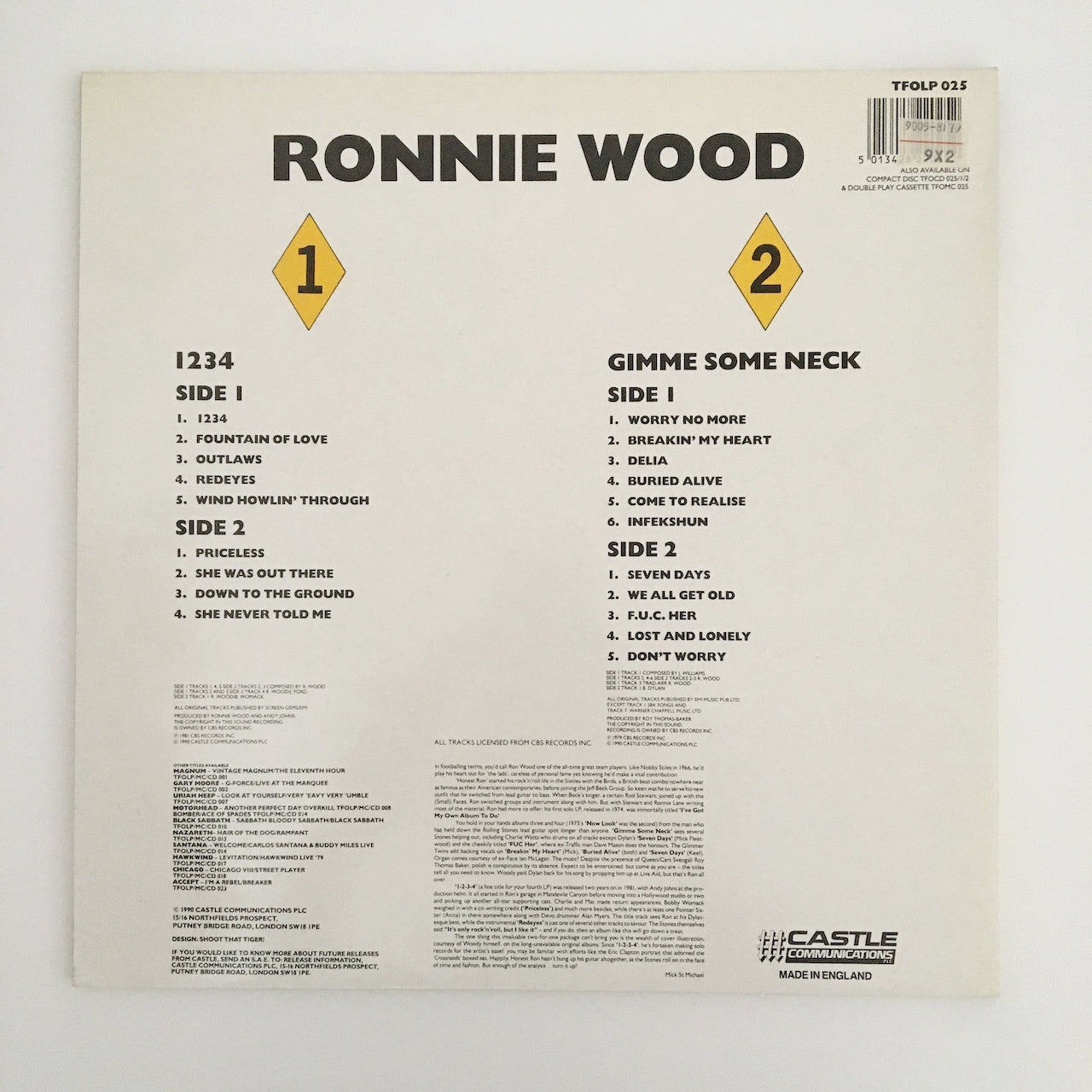 LP/ RONNIE WOOD / 1234 / GIMME SOME NECK / UK盤 2枚組 CASTLE COMMUNICATIONS  TFOLP025