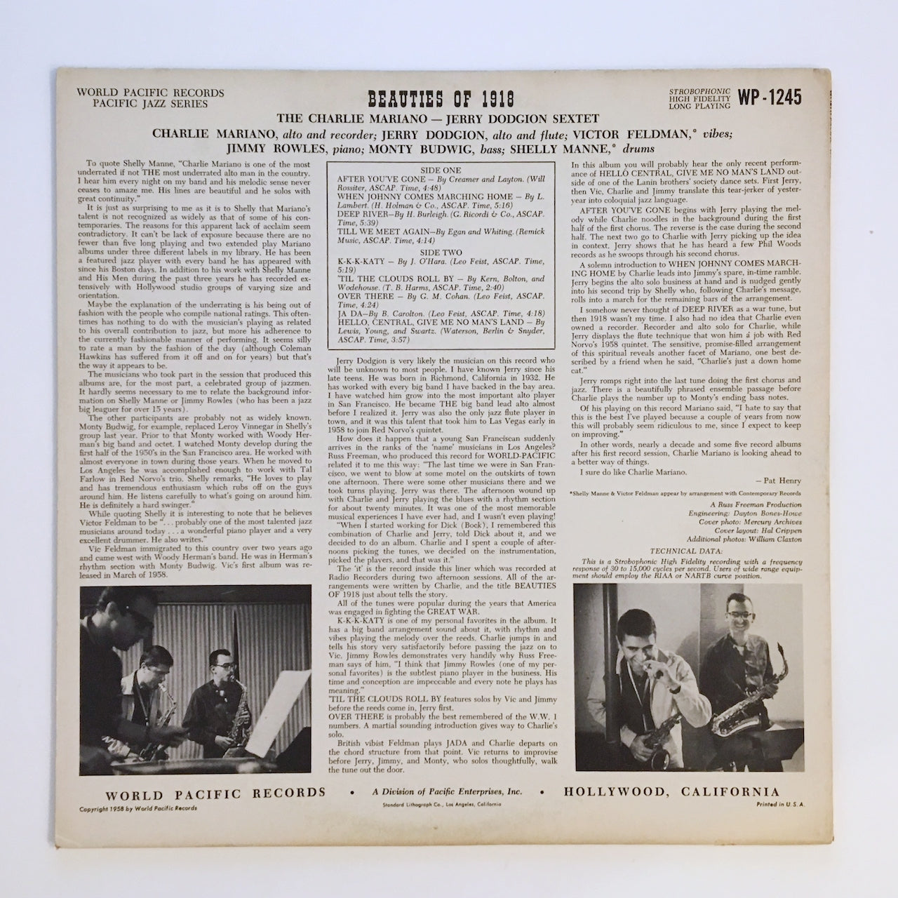 LP/ CHARLIE MARIANO & JERRY DODGIAN SEXTET / BEAUTIES OF 1918 / US盤 USオリジナル WORLD PACIFIC WP1245