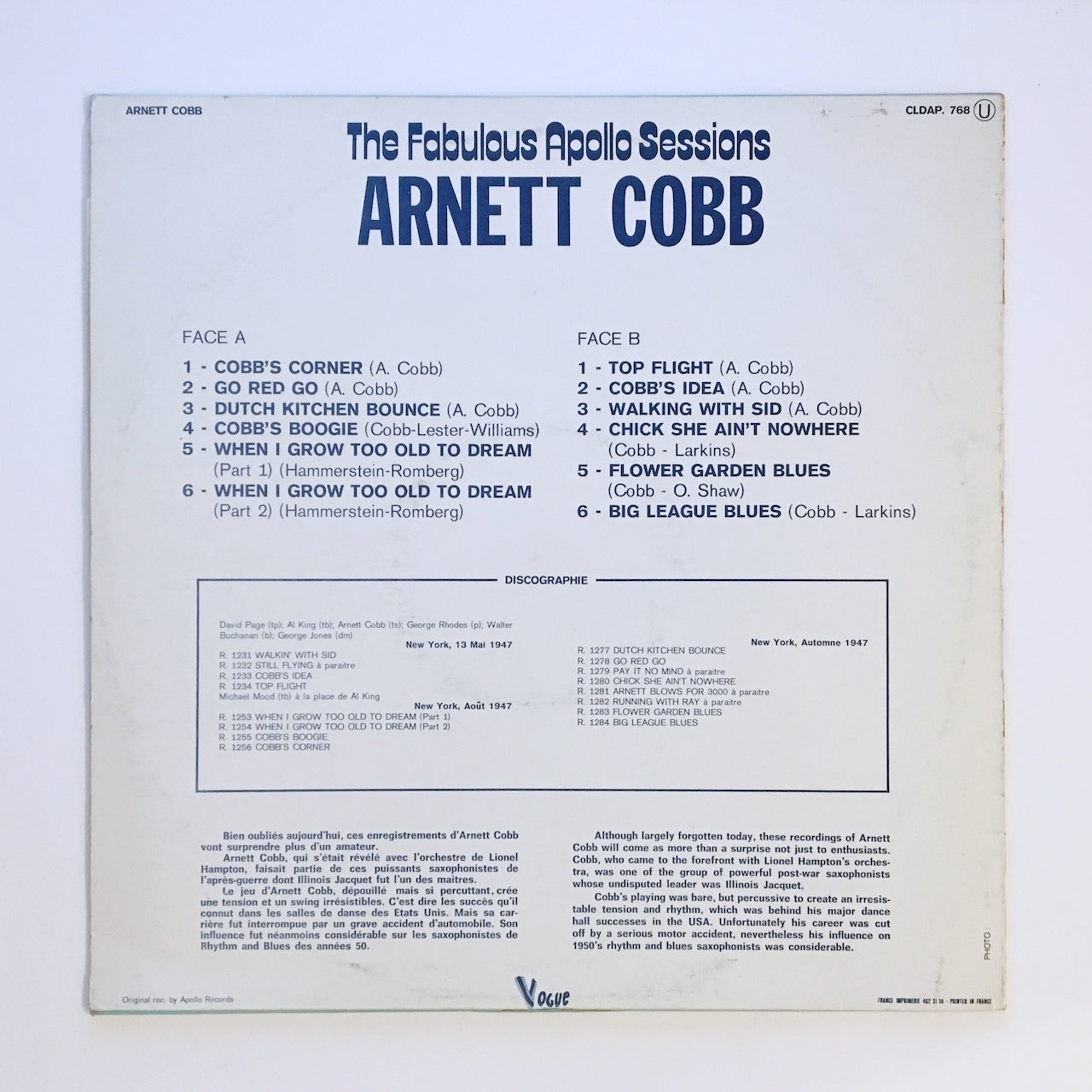 LP/ ARNETT COBB / THE FABULOUS APOLLO SESSIONS / フランス盤 VOGUE CLDAP.768