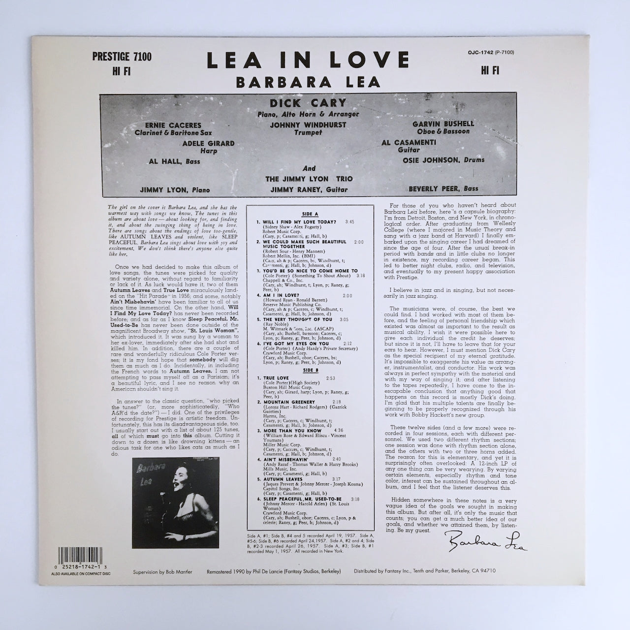 LP/ BARBARA LEA / LEA IN LOVE / US盤 OJC ボーカル PRESTIGE OJC-1742