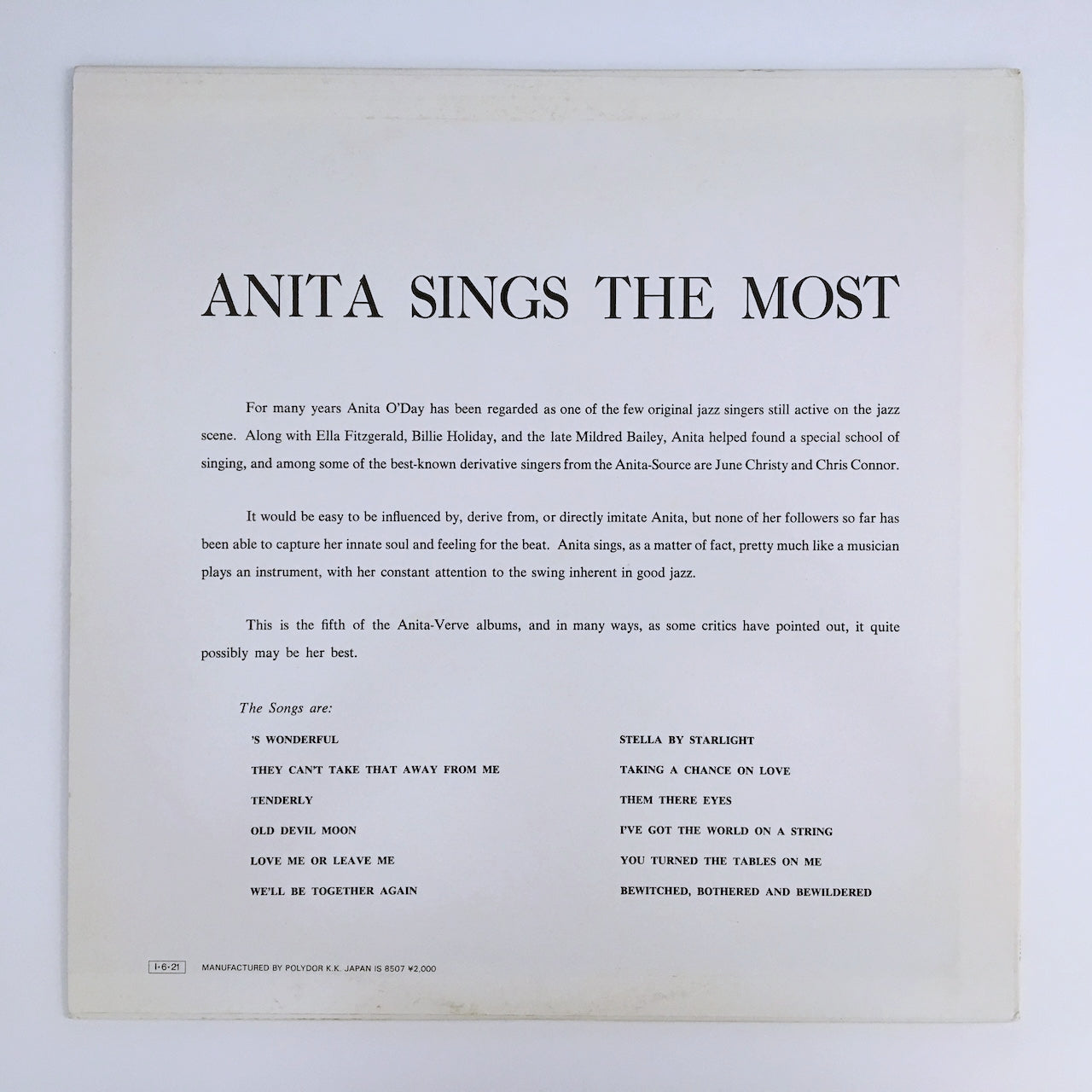 LP/ ANITA O'DAY / ANITA SINGS THE MOST / 国内盤 ライナー VERVE RECORDS 20MJ0008