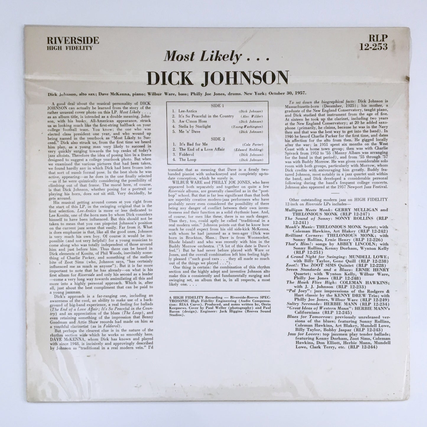 LP/ DICK JOHNSON / MOST LIKELY… / US盤 直輸入 WAVE JAZZ RIVER SIDE RLP12-253