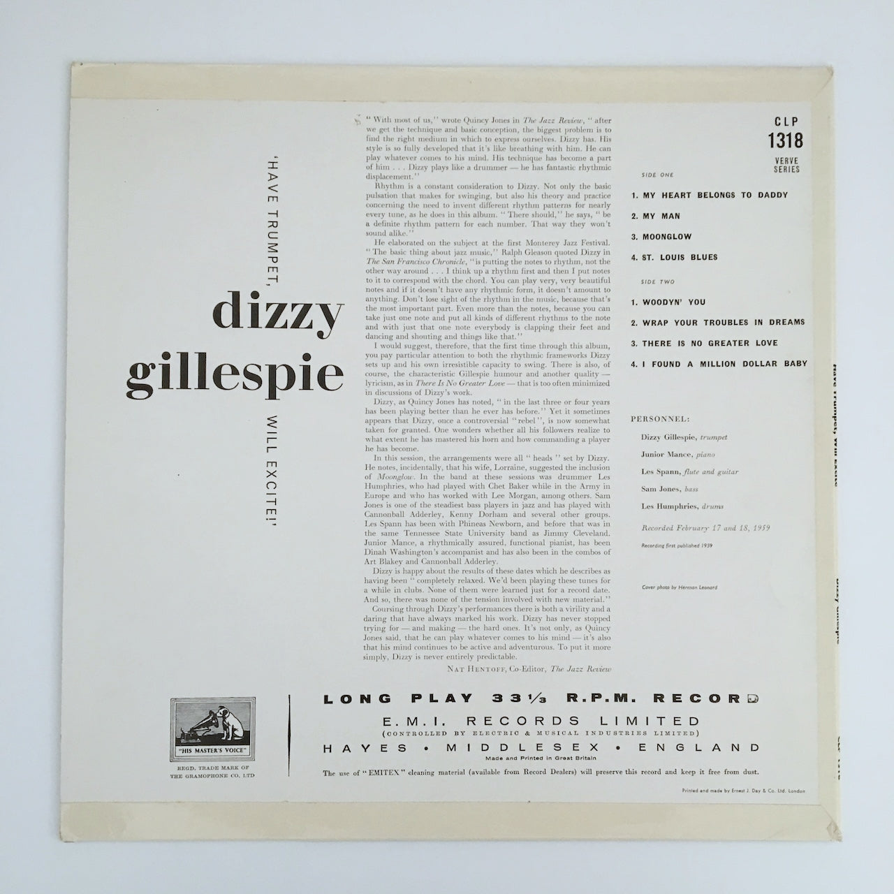 LP/ DIZZY GILLESPIE / "HAVE TRUMPET, WILL EXCITE!" / UK盤 UKオリジナル MONO HMV CLP1318