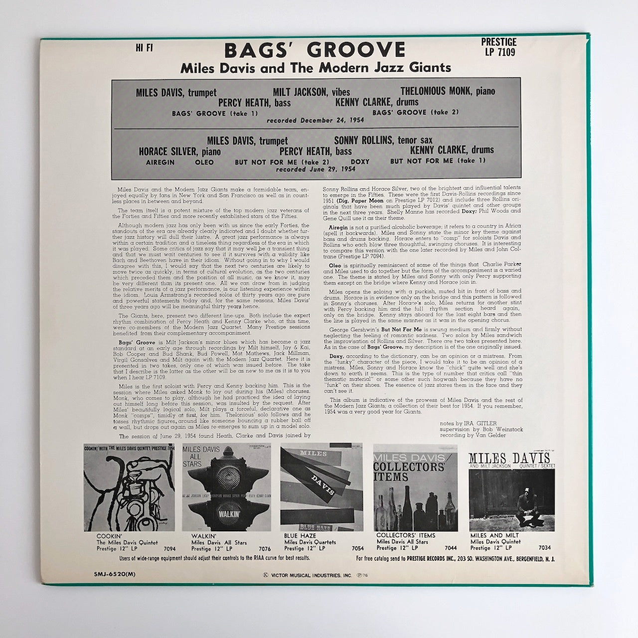 LP/ MILES DAVIS / BAGS GROOVE / 国内盤 ライナー(若干シミ) PRESTIGE  SMJ-6520