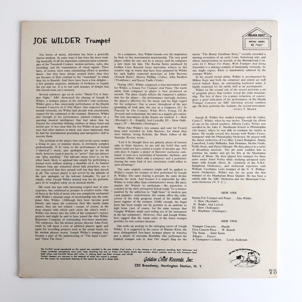 LP/ JOE WILDER / SONATA FOR TRUMPET AND PIANO / US盤 GOLDEN CREST  RE7007