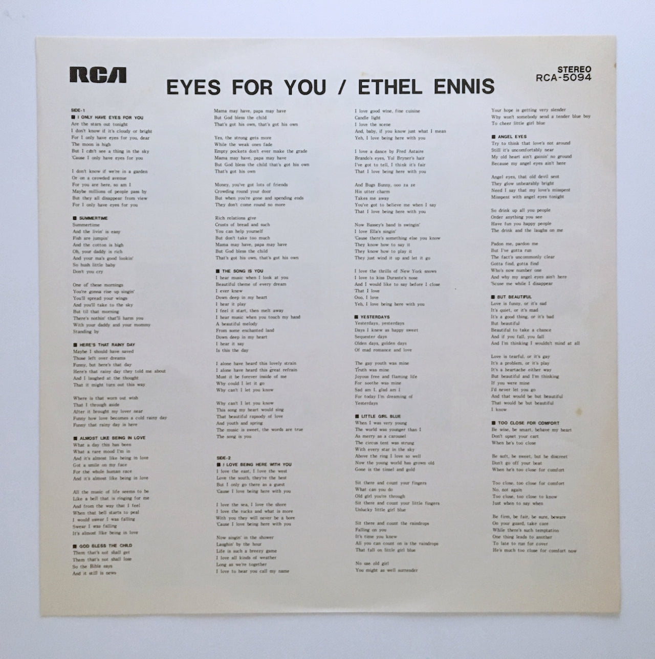 LP/ ETHEL ENNIS / EYES FOR YOU / 国内盤  ライナー付き RCA RCA5094