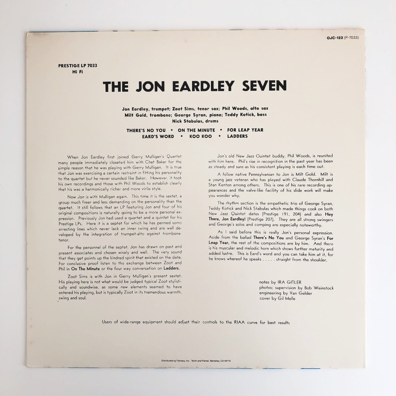 LP/ JON EARDLEY / THE JON EARDLEY SEVEN / US盤 OJC PRESTIGE OJC-123