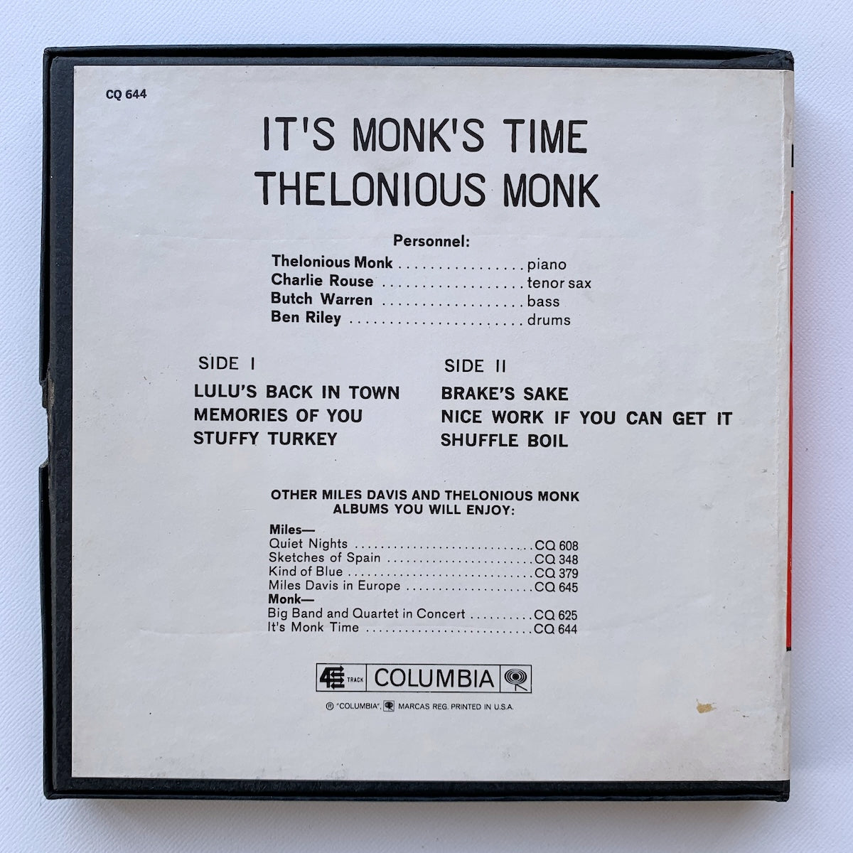 オープンリール/ THELONIOUS MONK / IT'S MONK'S TIME / US盤 7号 4トラック 19cm/s (7 1/2IPS) インサート COLUMBIA CQ644