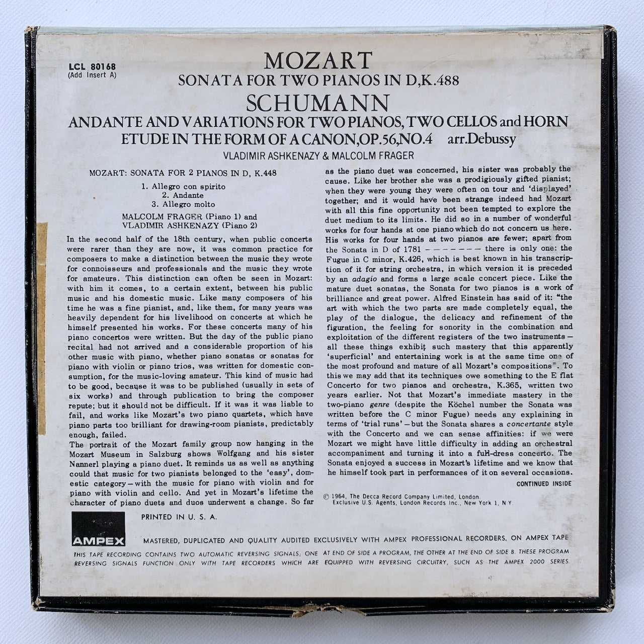 オープンリール/ アシュケナージ、フレイジャー / モーツァルト：2台のピアノのためのソナタ 他 / US盤 7号 4トラック 19cm/s (7 1/2IPS) インサート AMPEX LCL80168