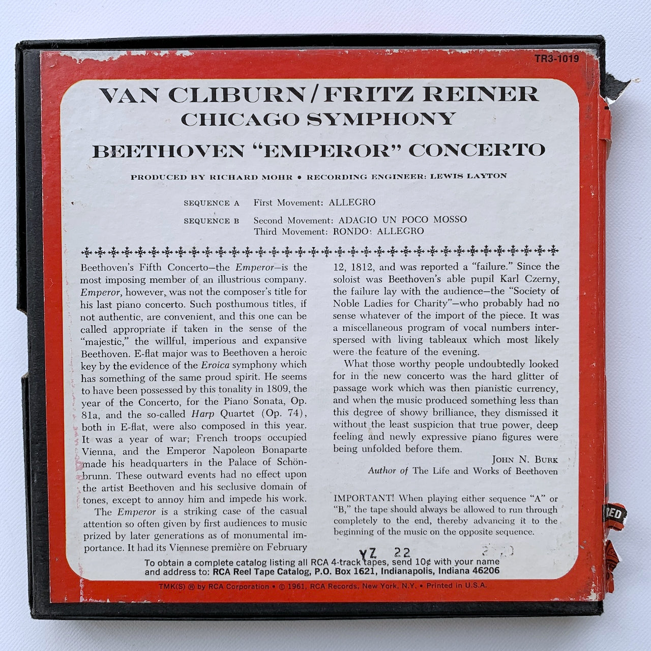 オープンリール/ クライバーン / ベートーヴェン：ピアノ協奏曲第5番「皇帝」 / US盤 7号 4トラック 9.5cm/s (3 3/4IPS) インサート RCA TR3-1019