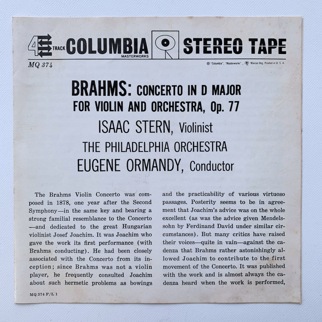 オープンリール/ スターン、オーマンディ / ブラームス：ヴァイオリン協奏曲 / US盤 7号 4トラック 19cm/s (7 1/2IPS) インサート COLUMBIA MQ374