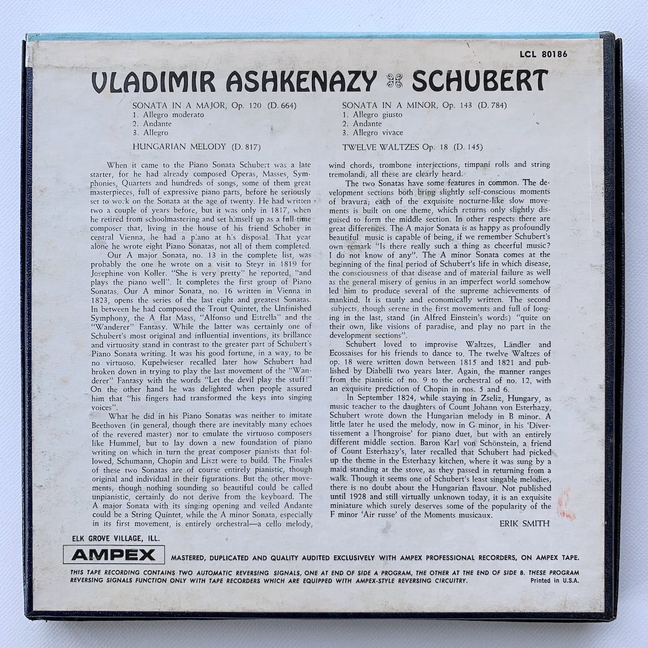 オープンリール/ ウラディーミル・アシュケナージ / シューベルト：ピアノソナタ第13番 他 / US盤 7号 4トラック 19cm/s (7 1/2IPS) LONDON LC80186