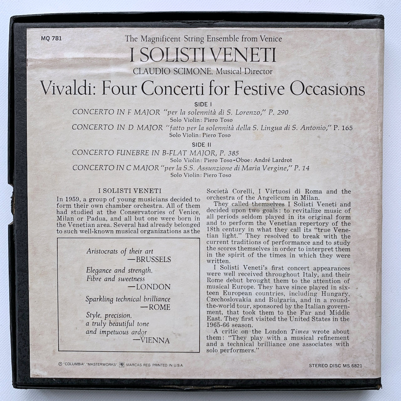 オープンリール/ イ・ソリスティ・ヴェネティ / ヴィヴァルディ：4つのヴァイオリンのための協奏曲 / US盤 7号 4トラック 19cm/s (7 1/2IPS) インサート COLUMBIA MQ781
