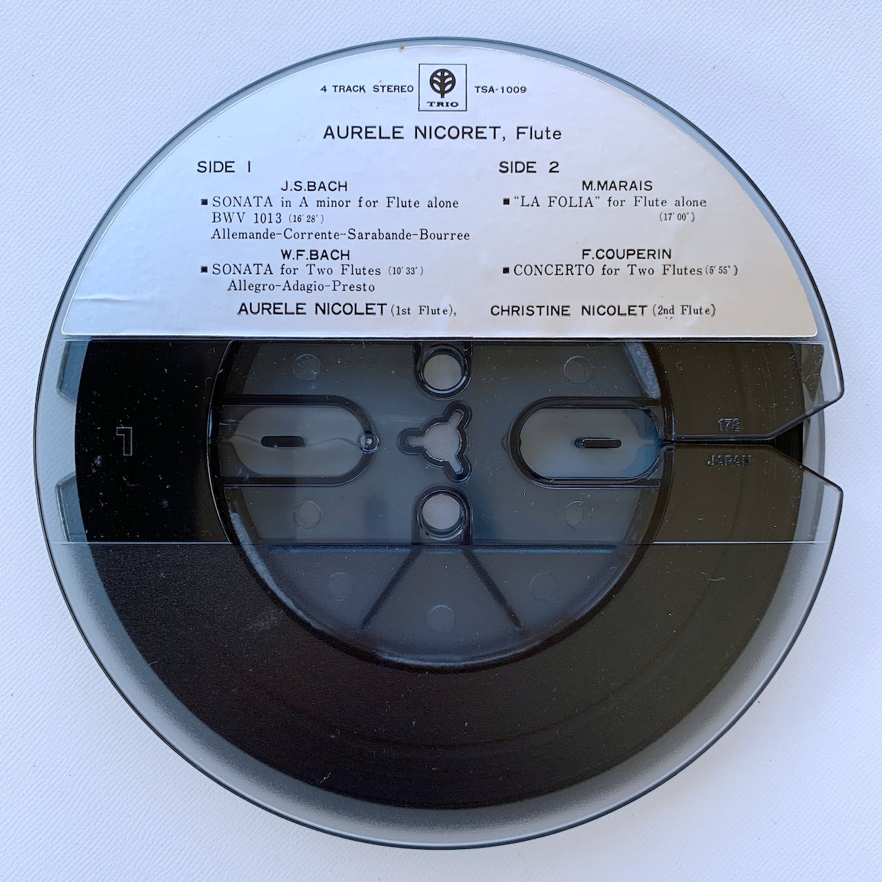 オープンリール/ オーレル・ニコレ / フルートの真髄 J.S.バッハ：無伴奏フルート・ソナタ 他 / 国内盤 7号 4トラック 19cm/s (7 1/2IPS) 帯・ライナー TRIO TSA-1009