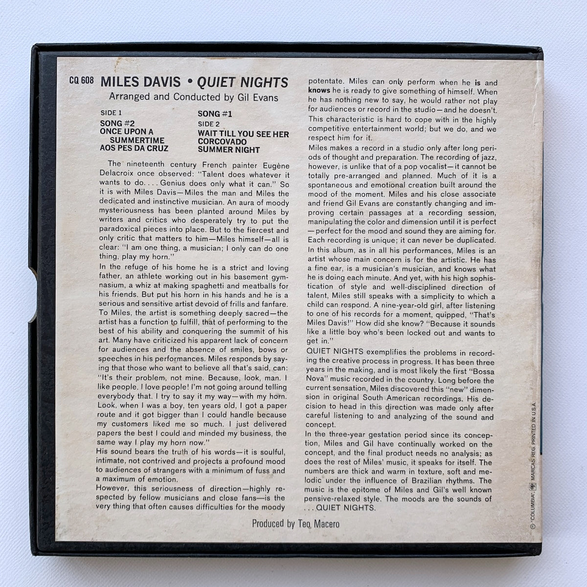 オープンリール/ MILES DAVIS / QUIET NIGHTS / US盤 7号 4トラック 19cm/s (7 1/2IPS) COLUMBIA CQ608