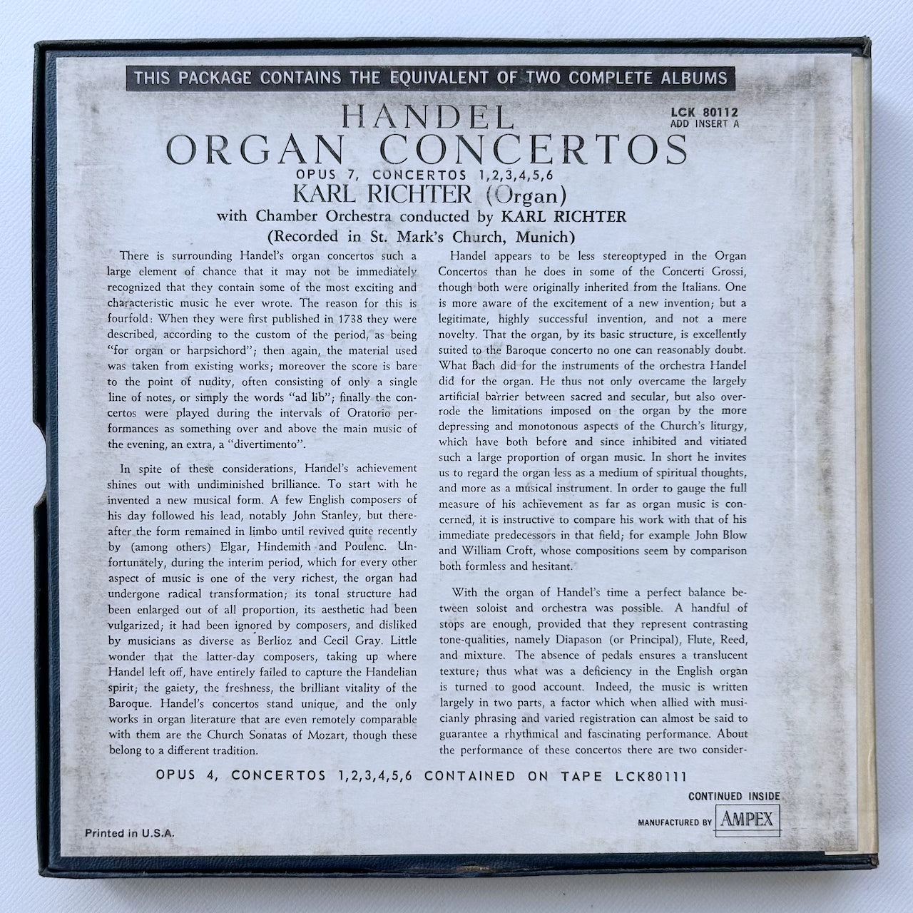 オープンリール/ カール・リヒター / ヘンデル：オルガン協奏曲集 / US盤 7号 4トラック 19cm/s (7 1/2IPS) インサート LONDON LCK80112