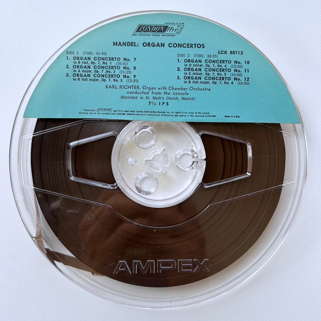 オープンリール/ カール・リヒター / ヘンデル：オルガン協奏曲集 / US盤 7号 4トラック 19cm/s (7 1/2IPS) インサート LONDON LCK80112