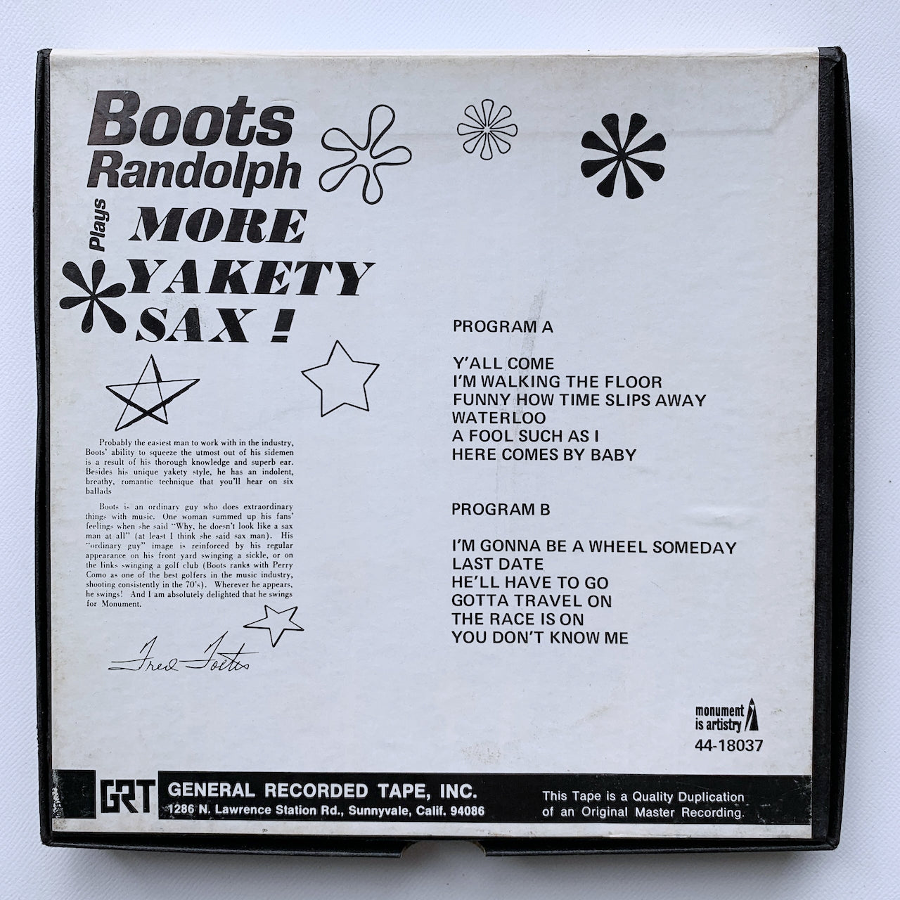 オープンリール/ BOOTS RANDOLPH / BOOTS RANDOLPH PLAYS MORE YAKETY SAX / US盤 7号 4トラック 9.5cm/s (3 3/4IPS) MONUMENT SLP18037