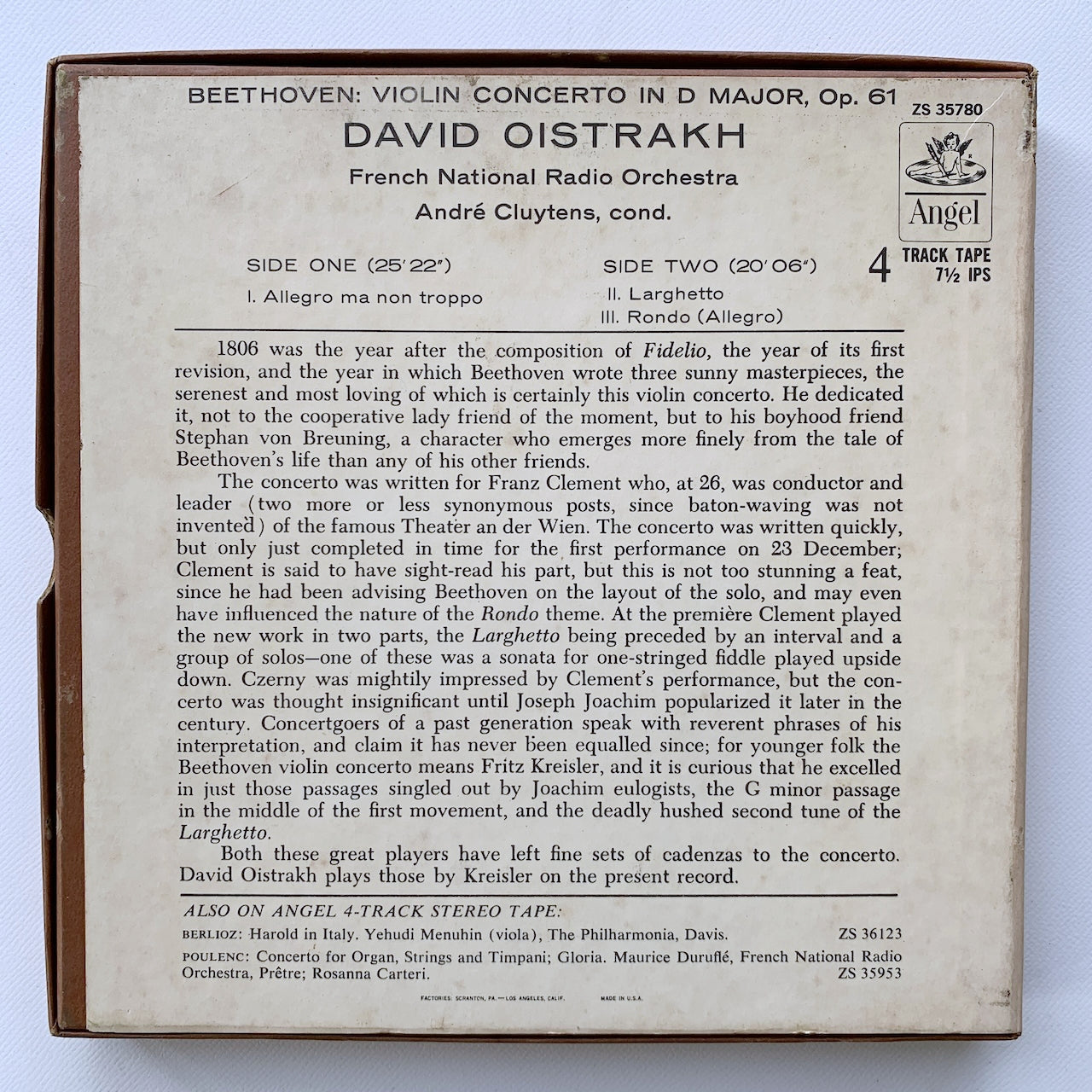 オープンリール/ ダヴィッド・オイストラフ / ベートーヴェン：ヴァイオリン協奏曲 / US盤 7号 4トラック 19cm/s (7 1/2IPS) ANGEL ZS35780