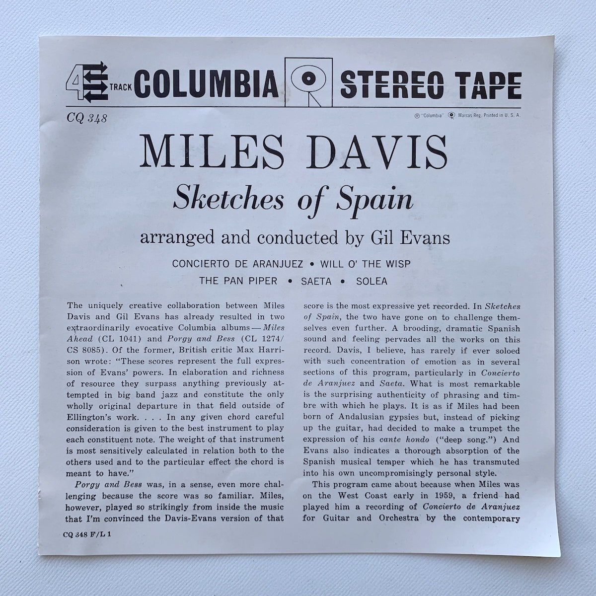 オープンリール/ MILES DAVIS / SKETCHES OF SPAIN / US盤 7号 4トラック 19cm/s (7 1/2IPS) インサート COLUMBIA CQ348