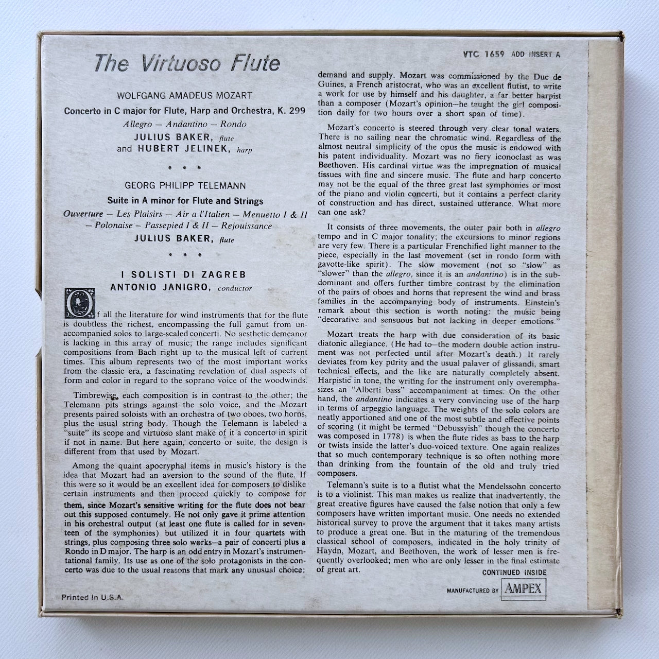 オープンリール/ ジュリアス・ベイカー / モーツァルト：フルートとハープのための協奏曲 他 / US盤 7号 4トラック 19cm/s (7 1/2IPS) インサート VANGUARD VTC1659